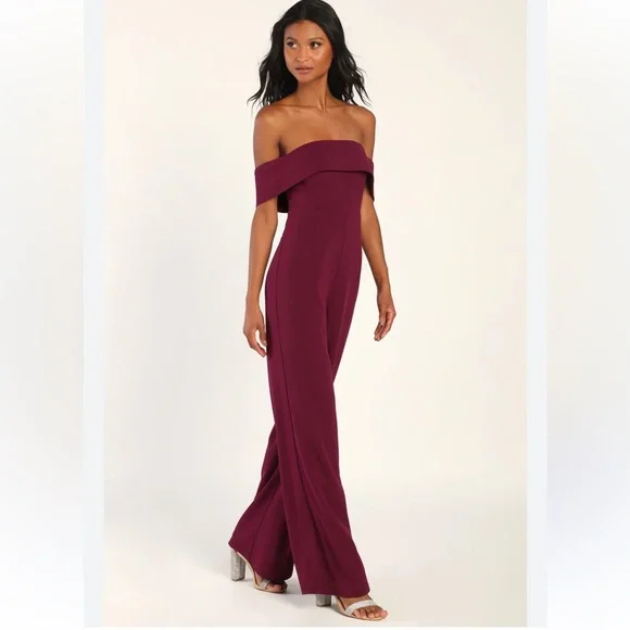 NWT Lulus Off-Shoulder Burgundy Jumpsuit - Picture 5 of 5